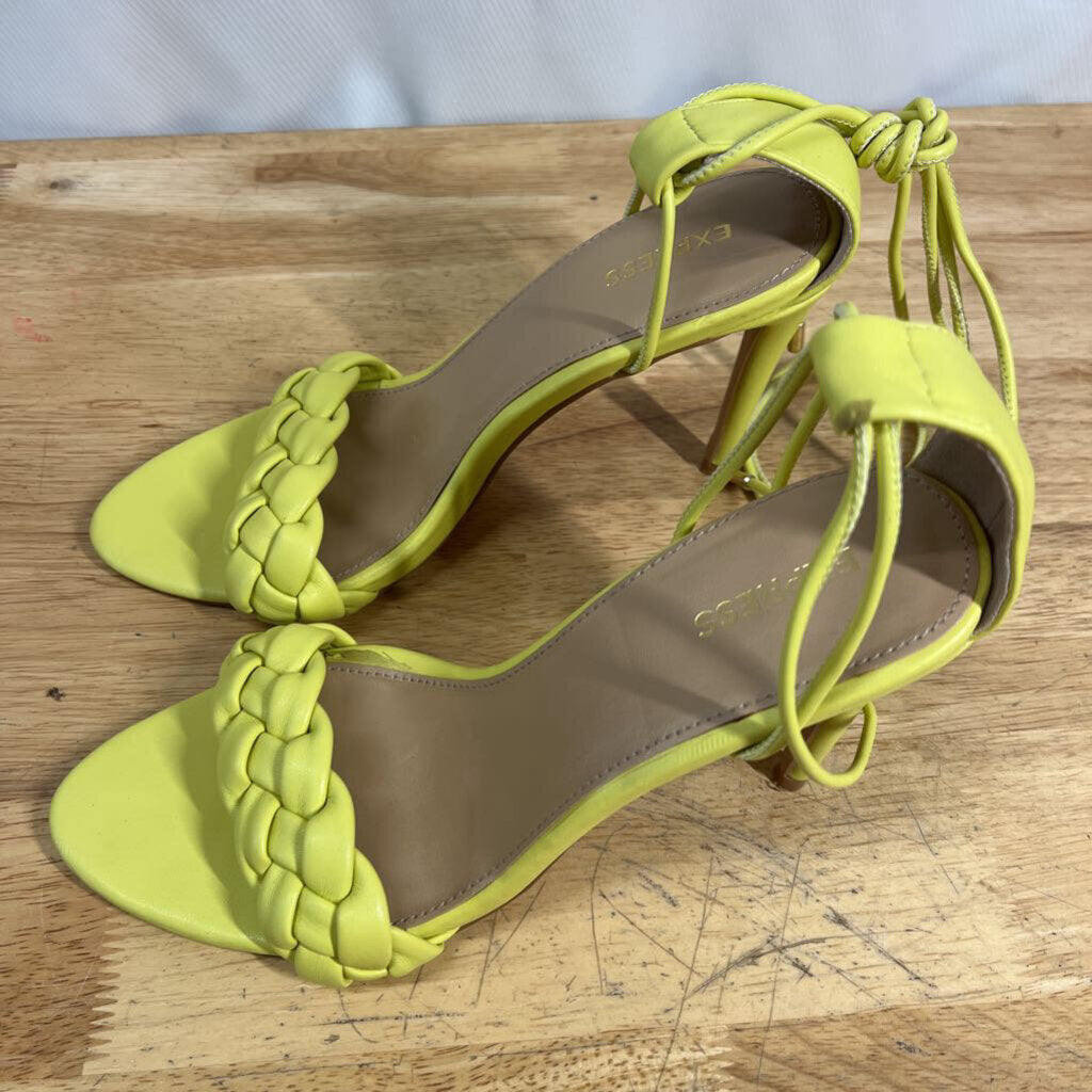 Express Yellow Leather Braided Strap Lace Up Heels 8
