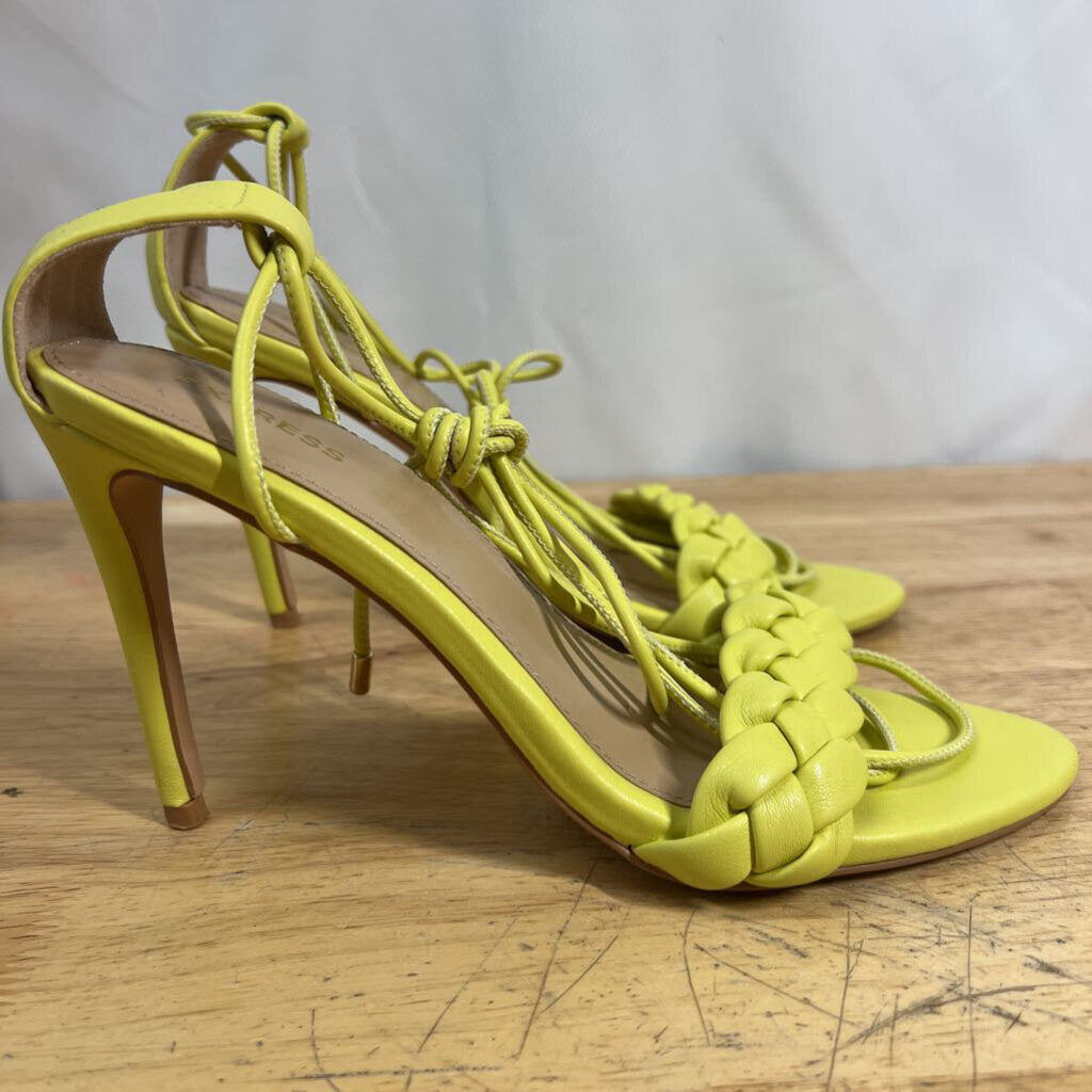 Express Yellow Leather Braided Strap Lace Up Heels 8