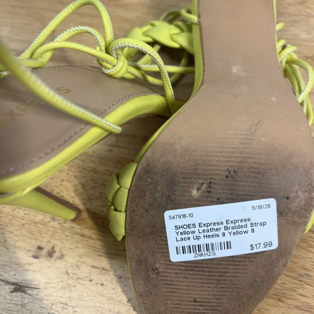 Express Yellow Leather Braided Strap Lace Up Heels 8