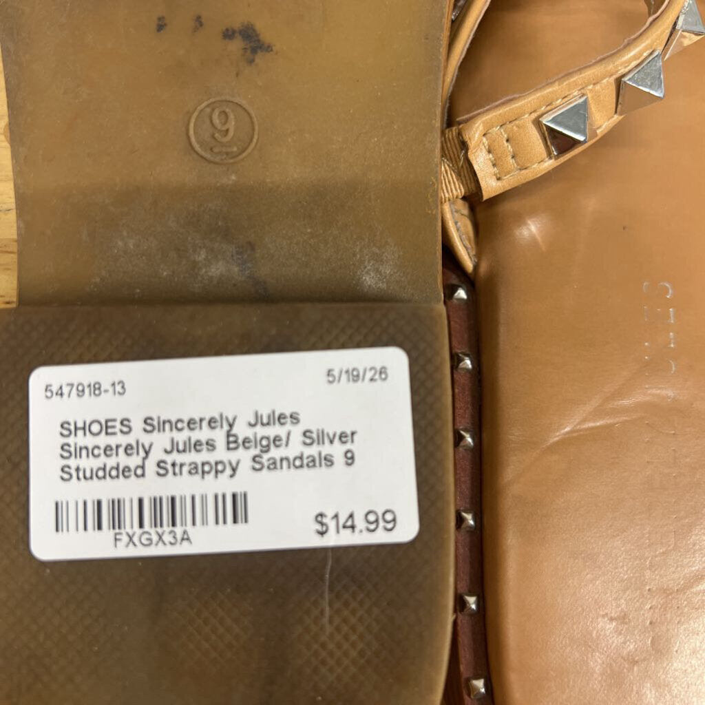 Sincerely Jules Beige/ Silver Studded Strappy Sandals 9