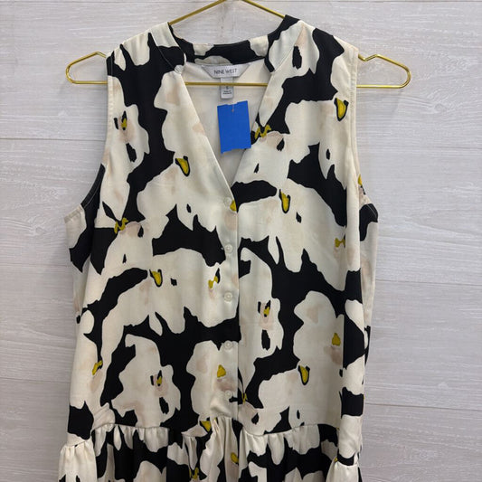 Nine West Beige/ Black Print Ruffle Hem Sleeveless Button Down Dress Small