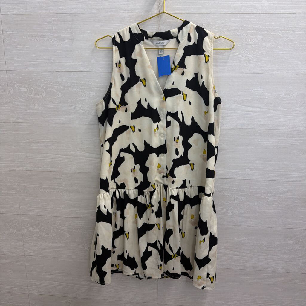 Nine West Beige/ Black Print Ruffle Hem Sleeveless Button Down Dress Small
