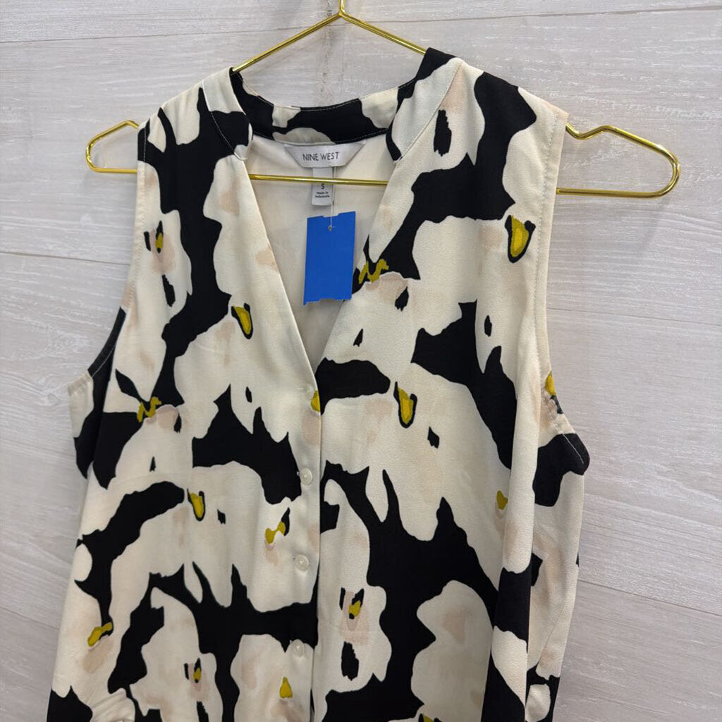 Nine West Beige/ Black Print Ruffle Hem Sleeveless Button Down Dress Small