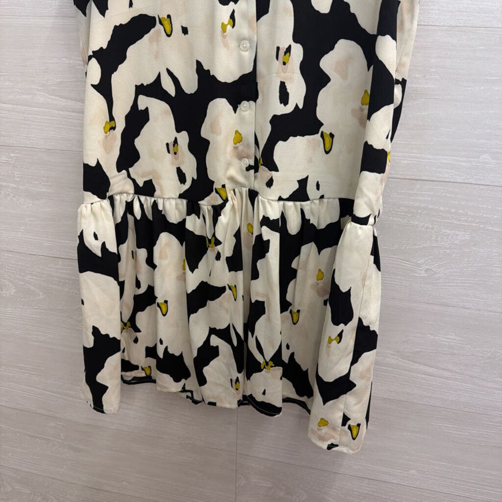 Nine West Beige/ Black Print Ruffle Hem Sleeveless Button Down Dress Small