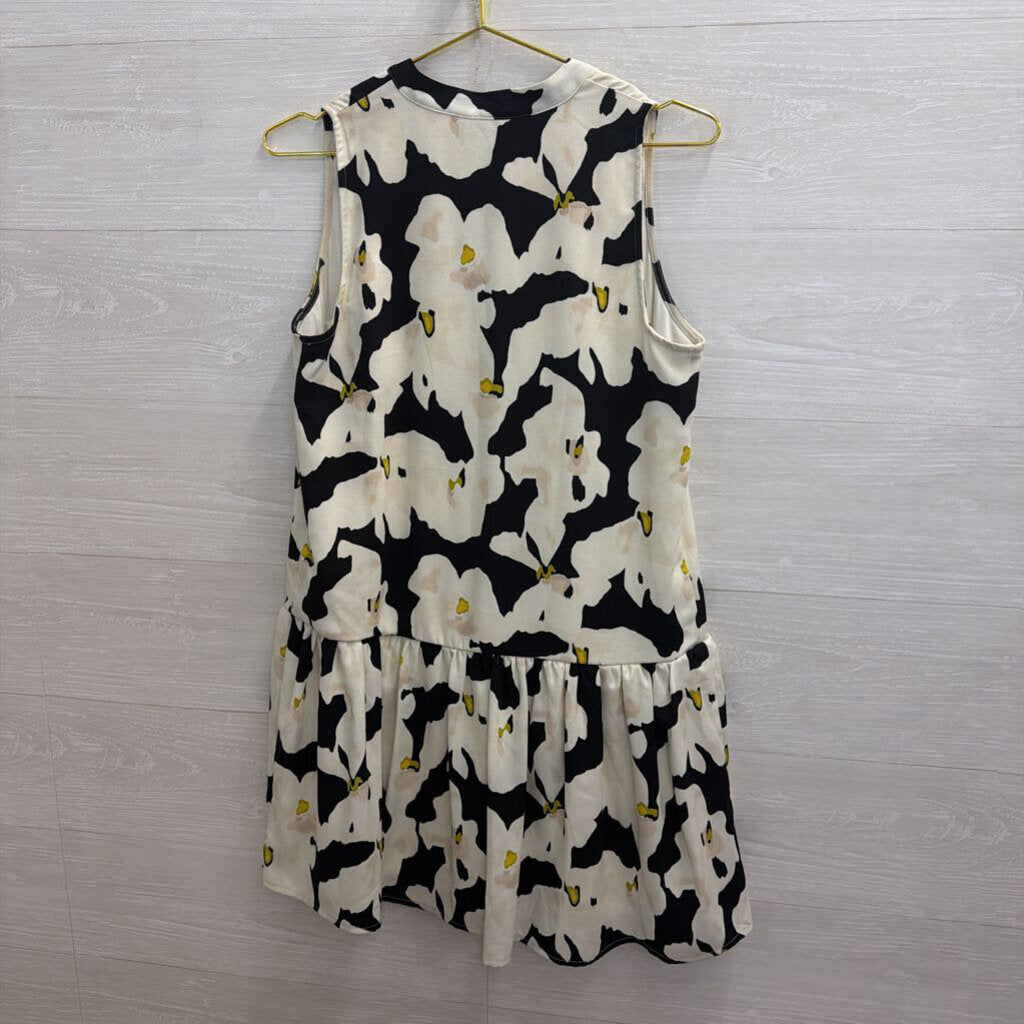 Nine West Beige/ Black Print Ruffle Hem Sleeveless Button Down Dress Small