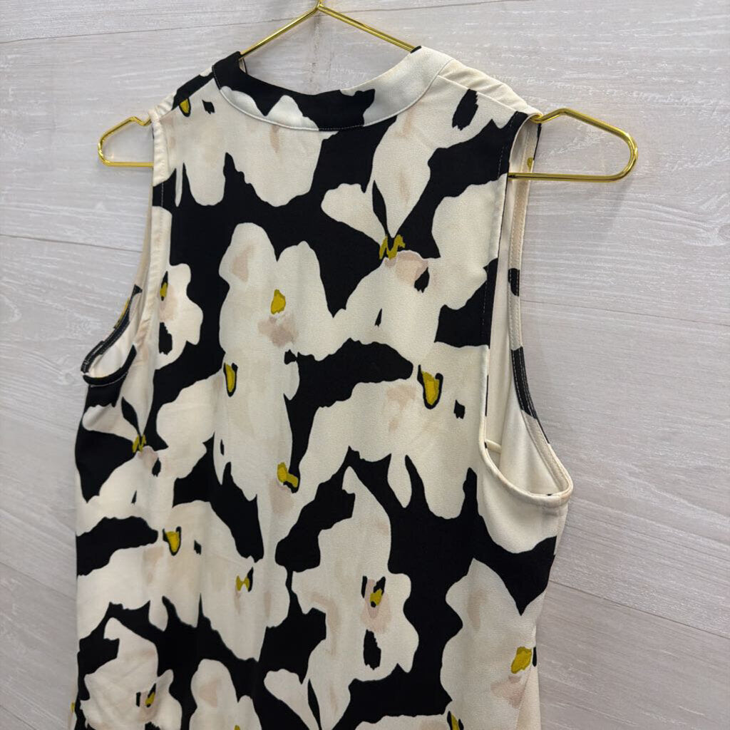 Nine West Beige/ Black Print Ruffle Hem Sleeveless Button Down Dress Small