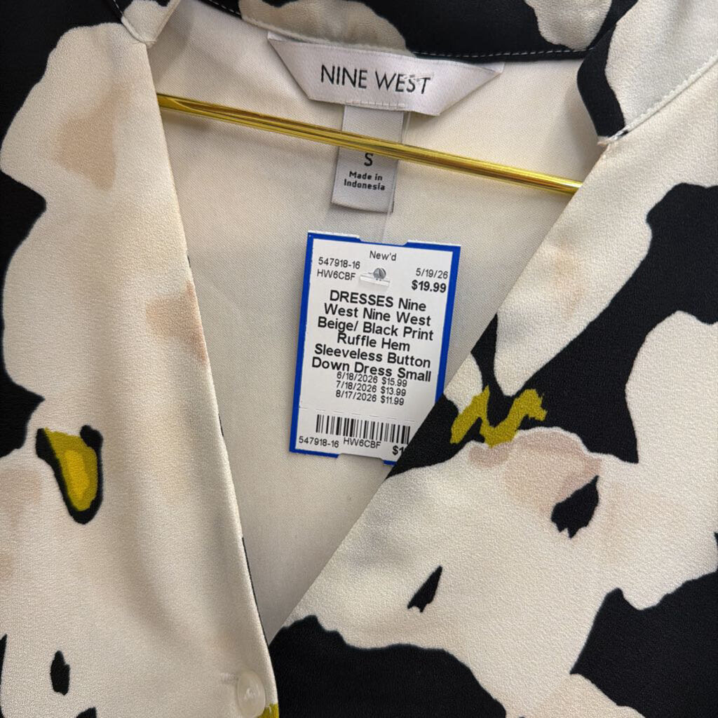 Nine West Beige/ Black Print Ruffle Hem Sleeveless Button Down Dress Small