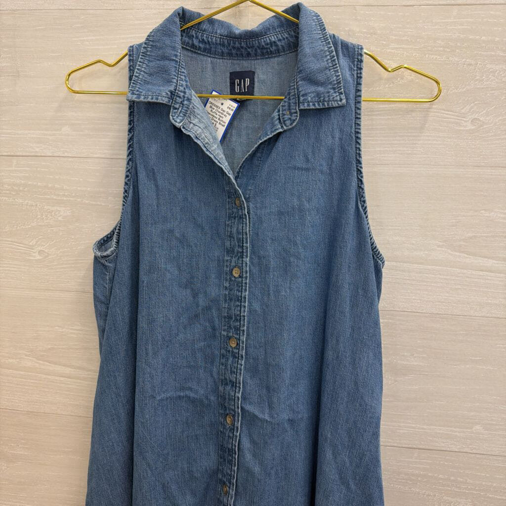Gap Blue Chambray Ruffle Hem Sleeveless Button Down Dress Small