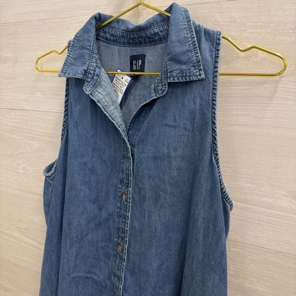 Gap Blue Chambray Ruffle Hem Sleeveless Button Down Dress Small
