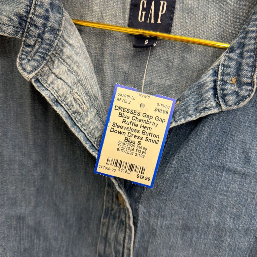 Gap Blue Chambray Ruffle Hem Sleeveless Button Down Dress Small
