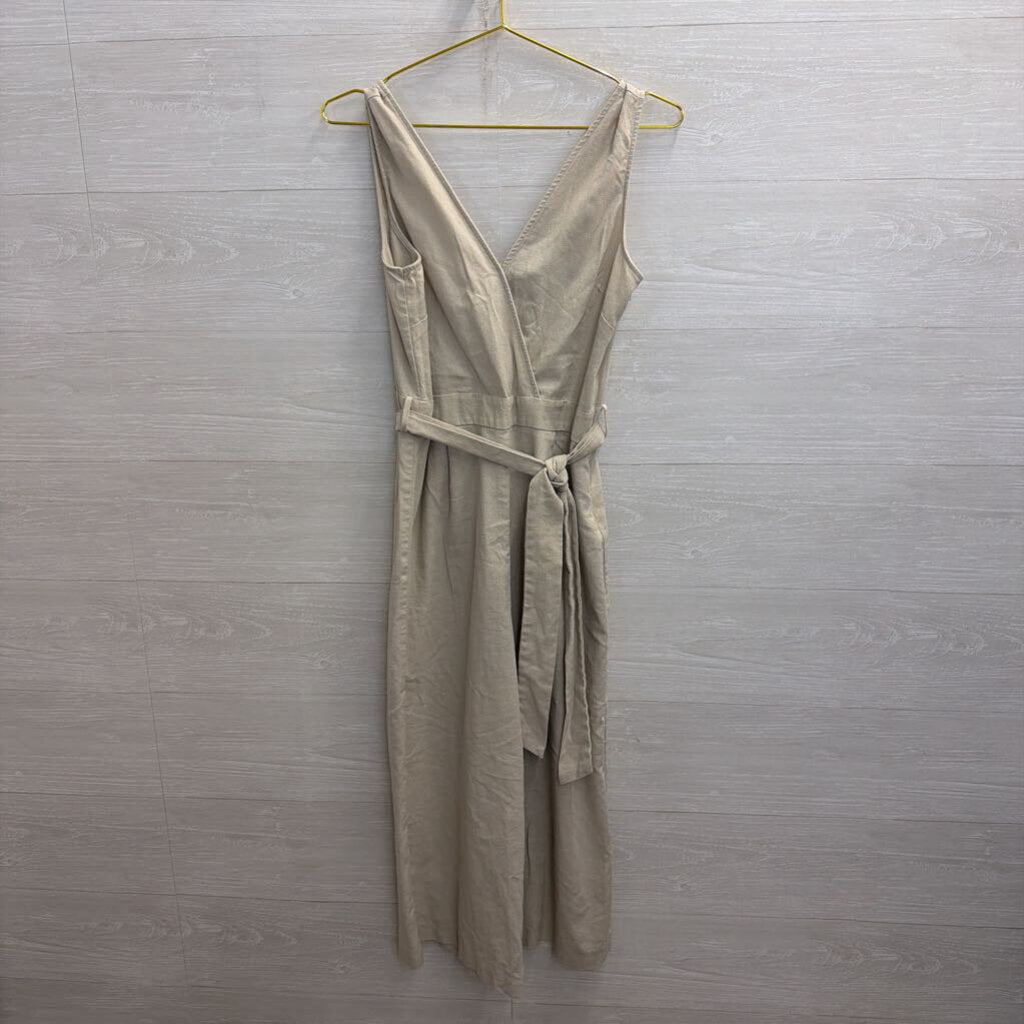 Shinestar Beige Linen Blend Sleeveless Tie Waist Jumpsuit Large