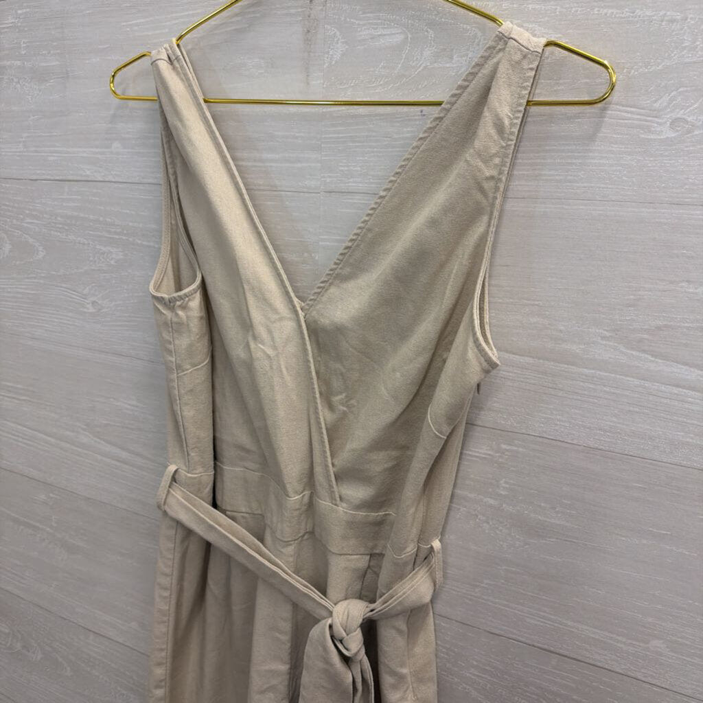 Shinestar Beige Linen Blend Sleeveless Tie Waist Jumpsuit Large
