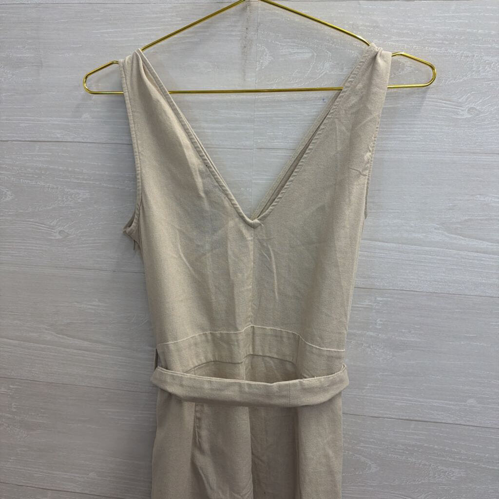 Shinestar Beige Linen Blend Sleeveless Tie Waist Jumpsuit Large