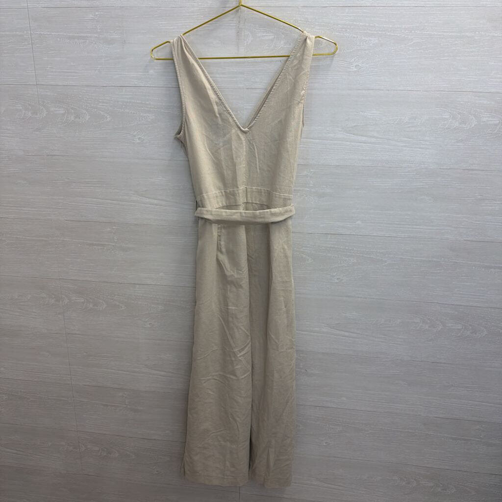 Shinestar Beige Linen Blend Sleeveless Tie Waist Jumpsuit Large