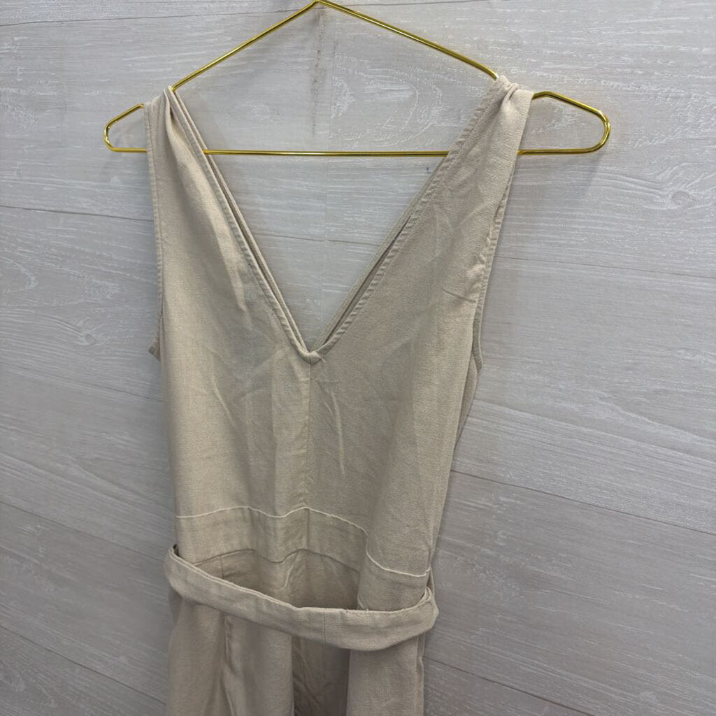 Shinestar Beige Linen Blend Sleeveless Tie Waist Jumpsuit Large