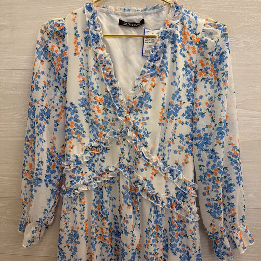 Simplee White/ Blue Floral Print Long Sleeve Midi Dress Small