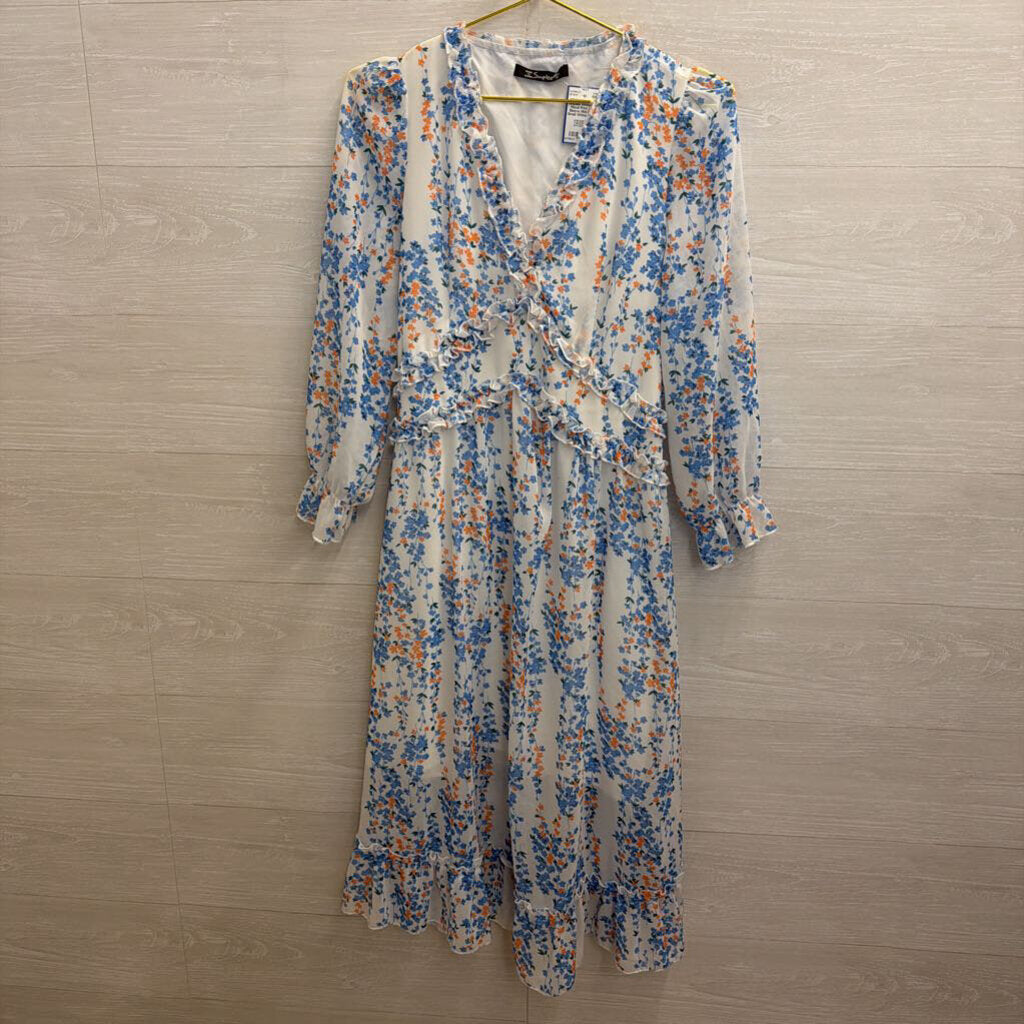 Simplee White/ Blue Floral Print Long Sleeve Midi Dress Small
