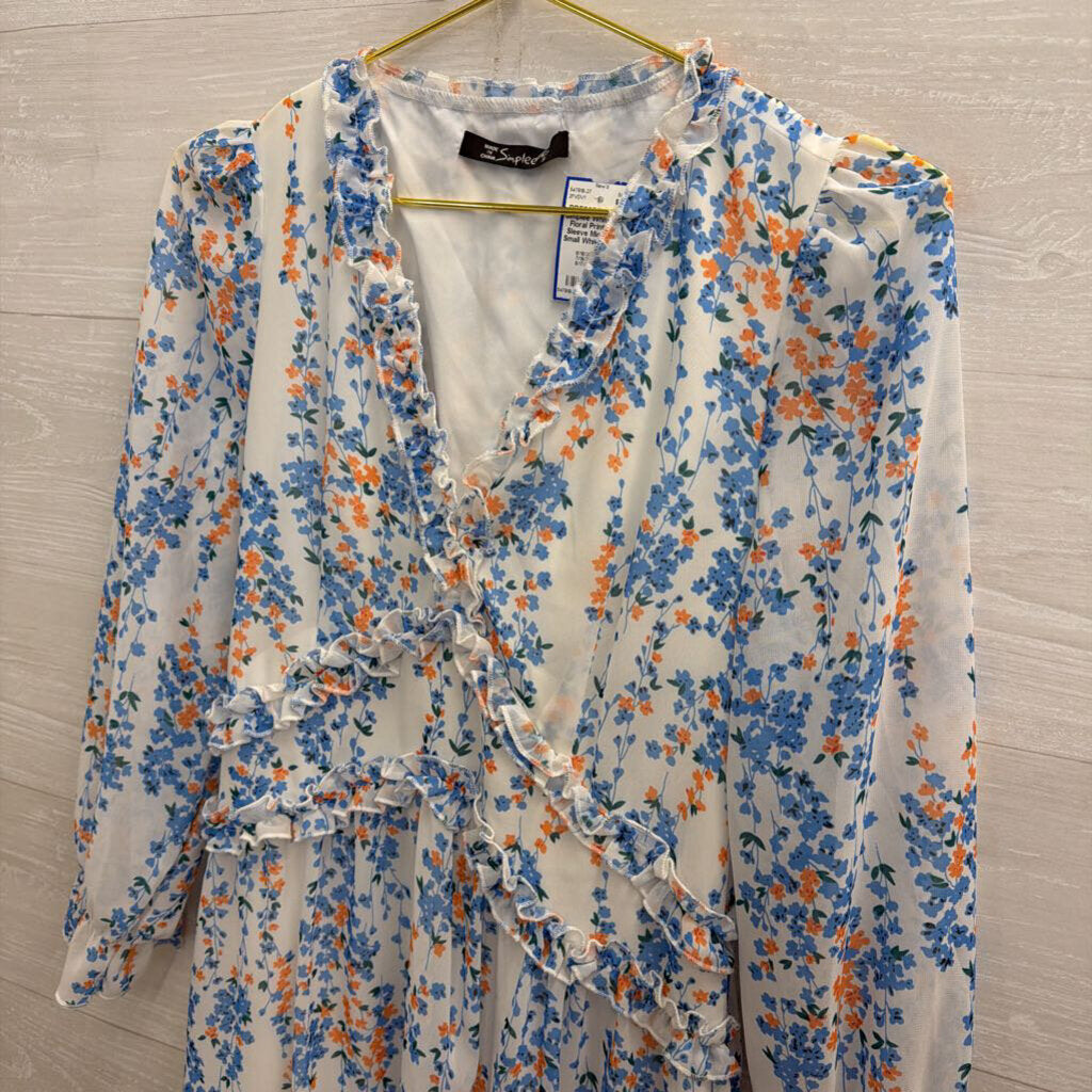 Simplee White/ Blue Floral Print Long Sleeve Midi Dress Small