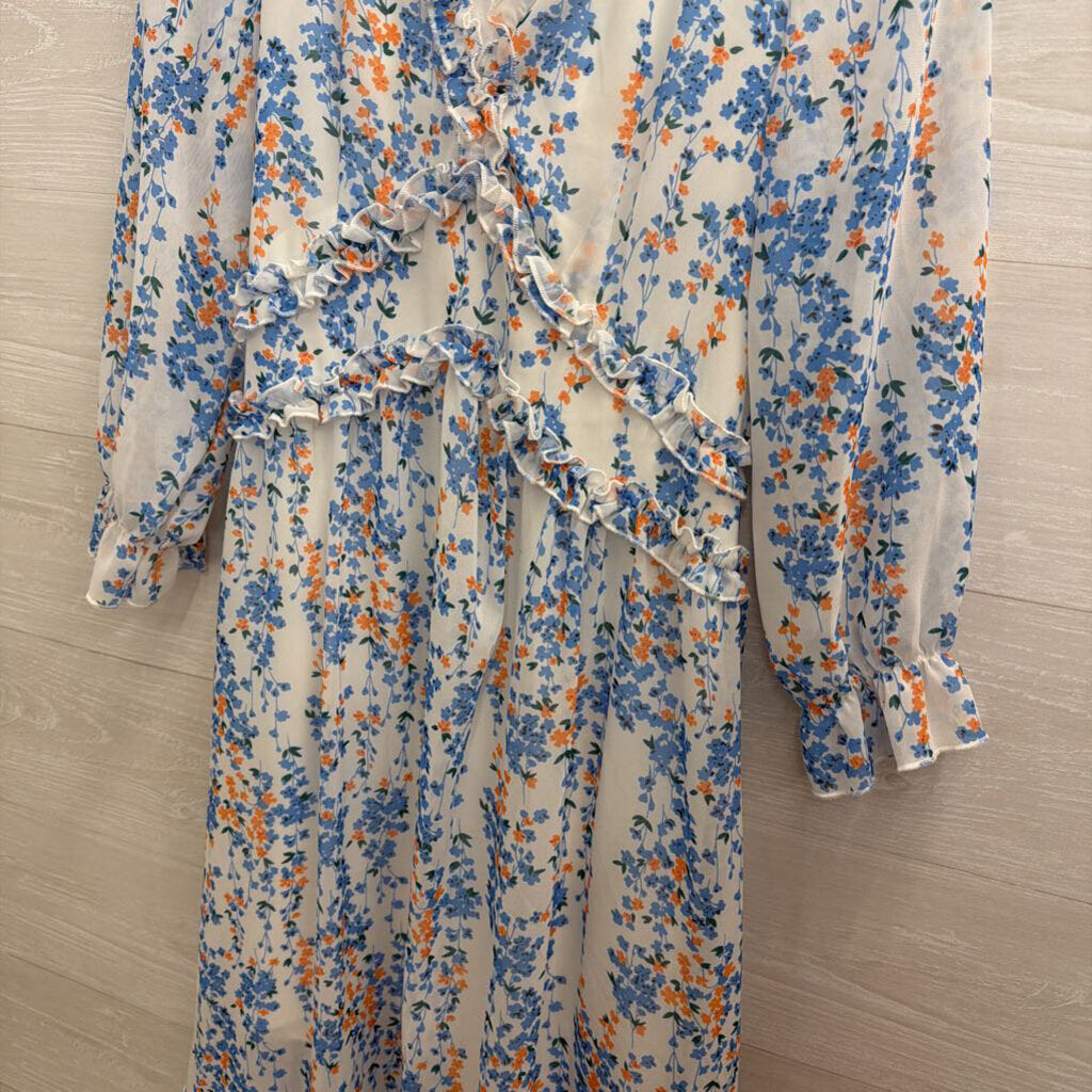 Simplee White/ Blue Floral Print Long Sleeve Midi Dress Small