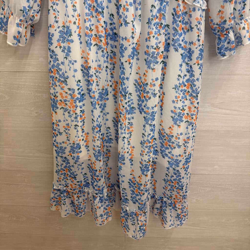 Simplee White/ Blue Floral Print Long Sleeve Midi Dress Small