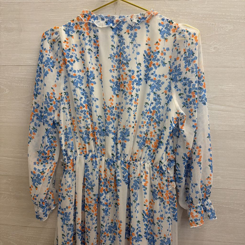 Simplee White/ Blue Floral Print Long Sleeve Midi Dress Small