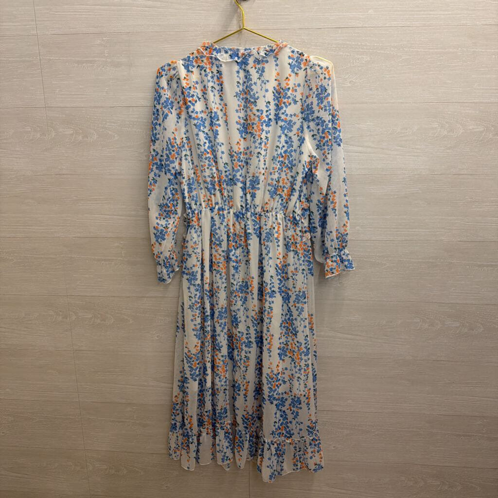 Simplee White/ Blue Floral Print Long Sleeve Midi Dress Small