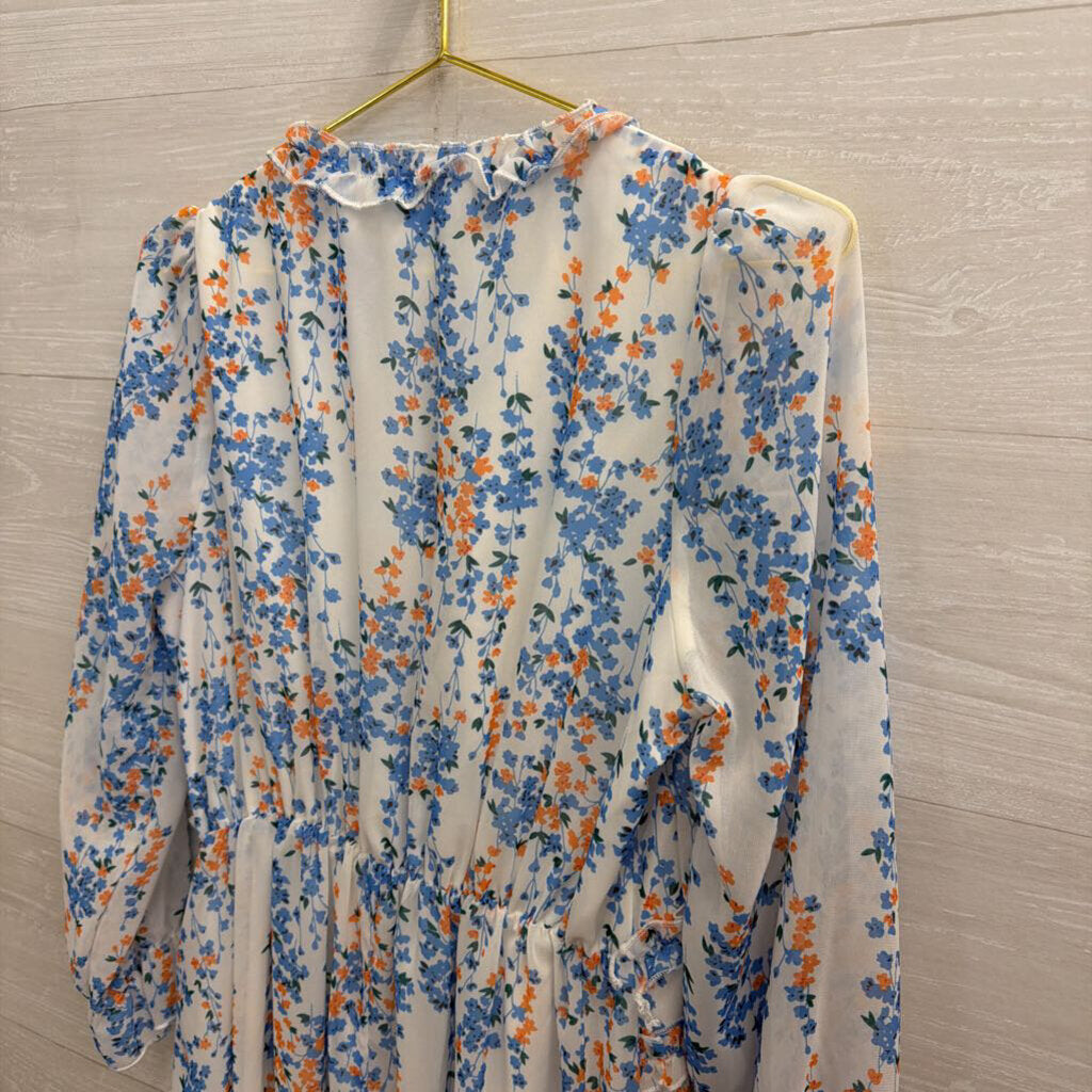 Simplee White/ Blue Floral Print Long Sleeve Midi Dress Small