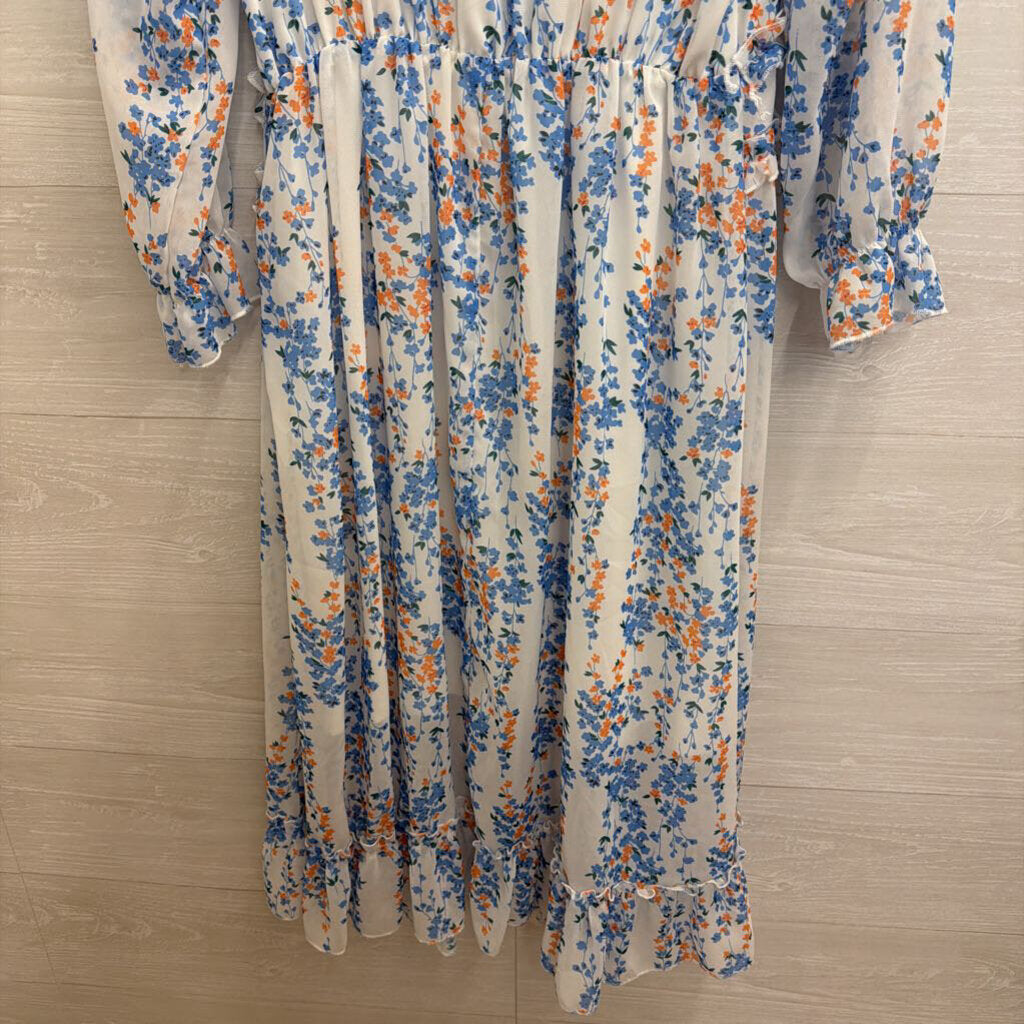 Simplee White/ Blue Floral Print Long Sleeve Midi Dress Small
