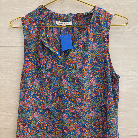 Rose and Olive Blue/ Red Floral Print Sleeveless Top Medium