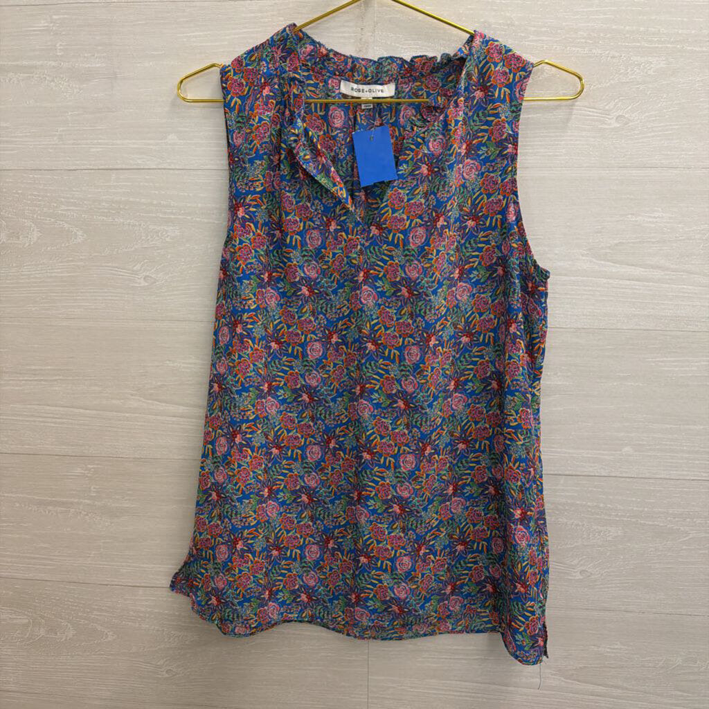 Rose and Olive Blue/ Red Floral Print Sleeveless Top Medium