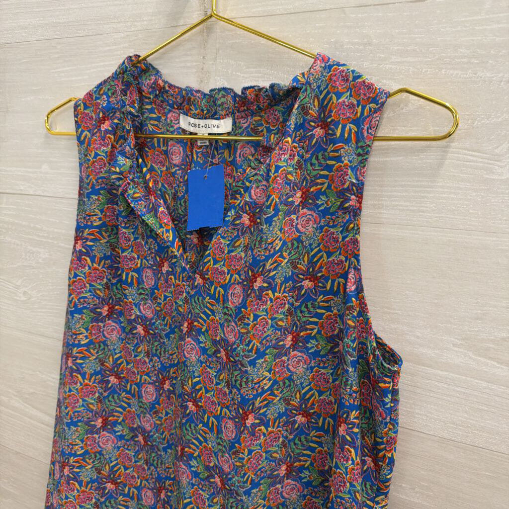 Rose and Olive Blue/ Red Floral Print Sleeveless Top Medium