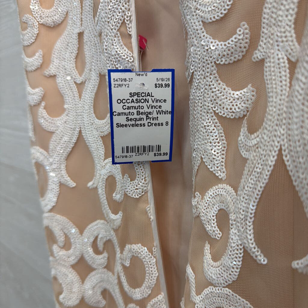 Vince Camuto Beige/ White Sequin Print Sleeveless Dress 8