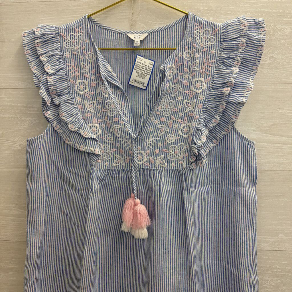Crown and Ivy Blue/ White/ Pink Striped Embroidered Short Sleeve Top Medium