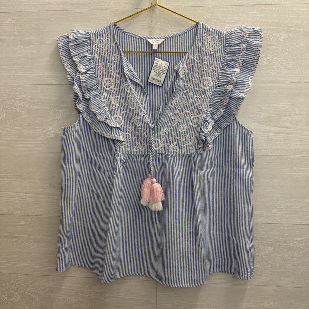 Crown and Ivy Blue/ White/ Pink Striped Embroidered Short Sleeve Top Medium