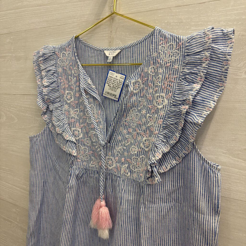 Crown and Ivy Blue/ White/ Pink Striped Embroidered Short Sleeve Top Medium