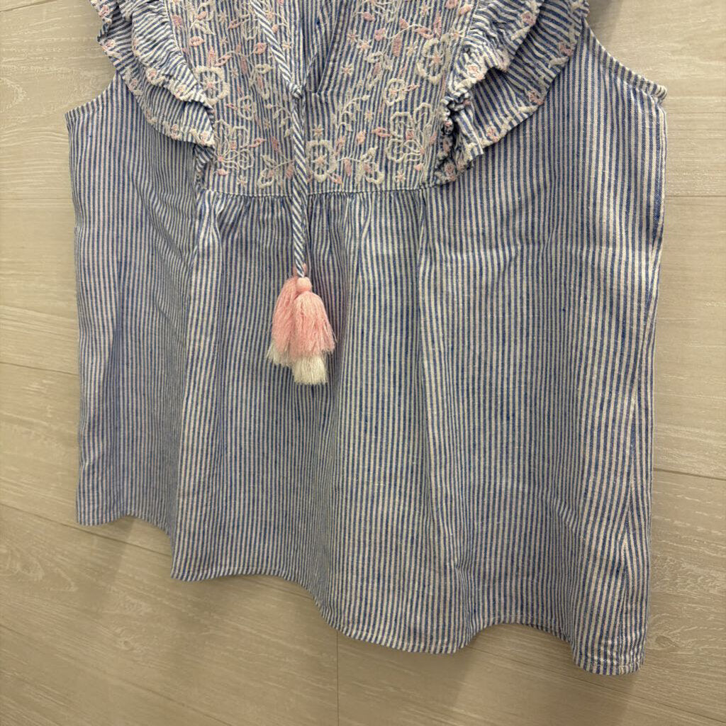Crown and Ivy Blue/ White/ Pink Striped Embroidered Short Sleeve Top Medium