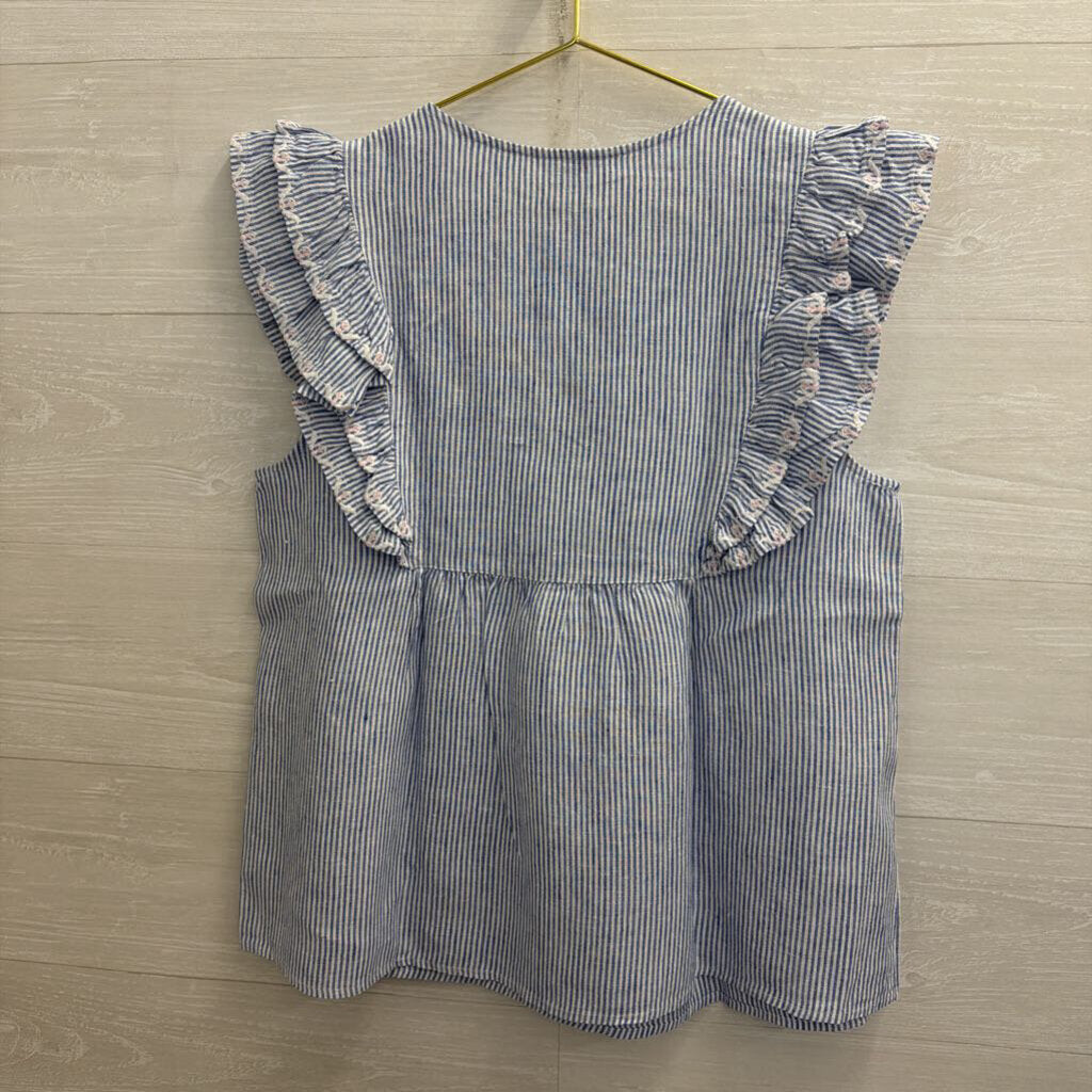 Crown and Ivy Blue/ White/ Pink Striped Embroidered Short Sleeve Top Medium
