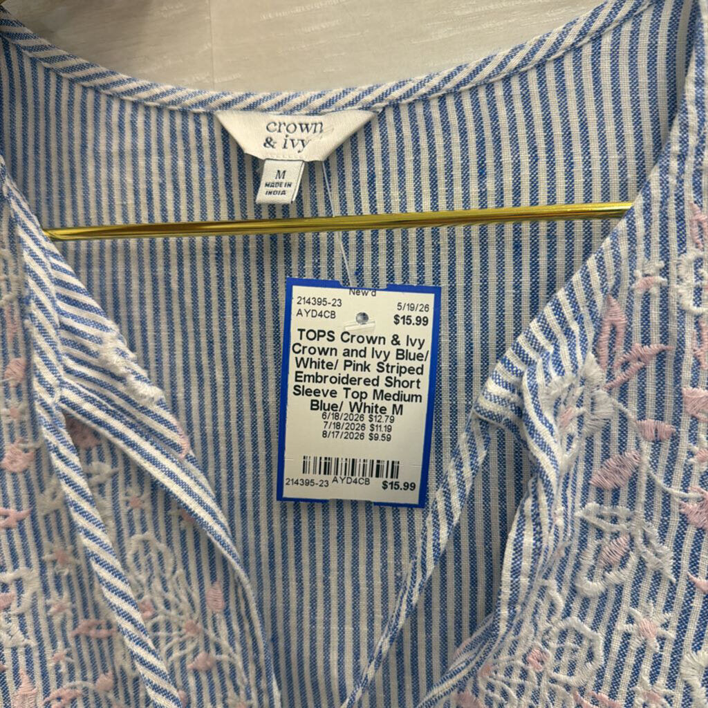 Crown and Ivy Blue/ White/ Pink Striped Embroidered Short Sleeve Top Medium