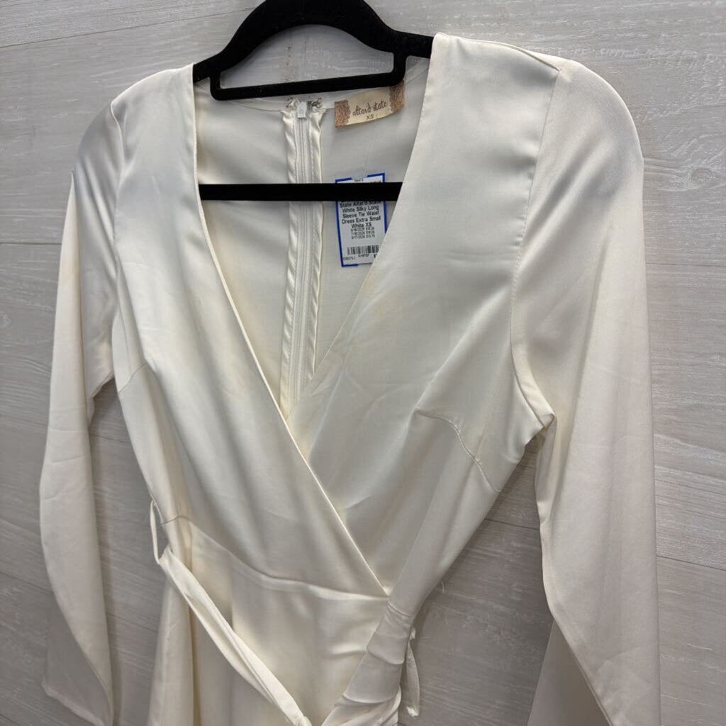 Altar'd State White Silky Long Sleeve Tie Waist Dress Extra Small