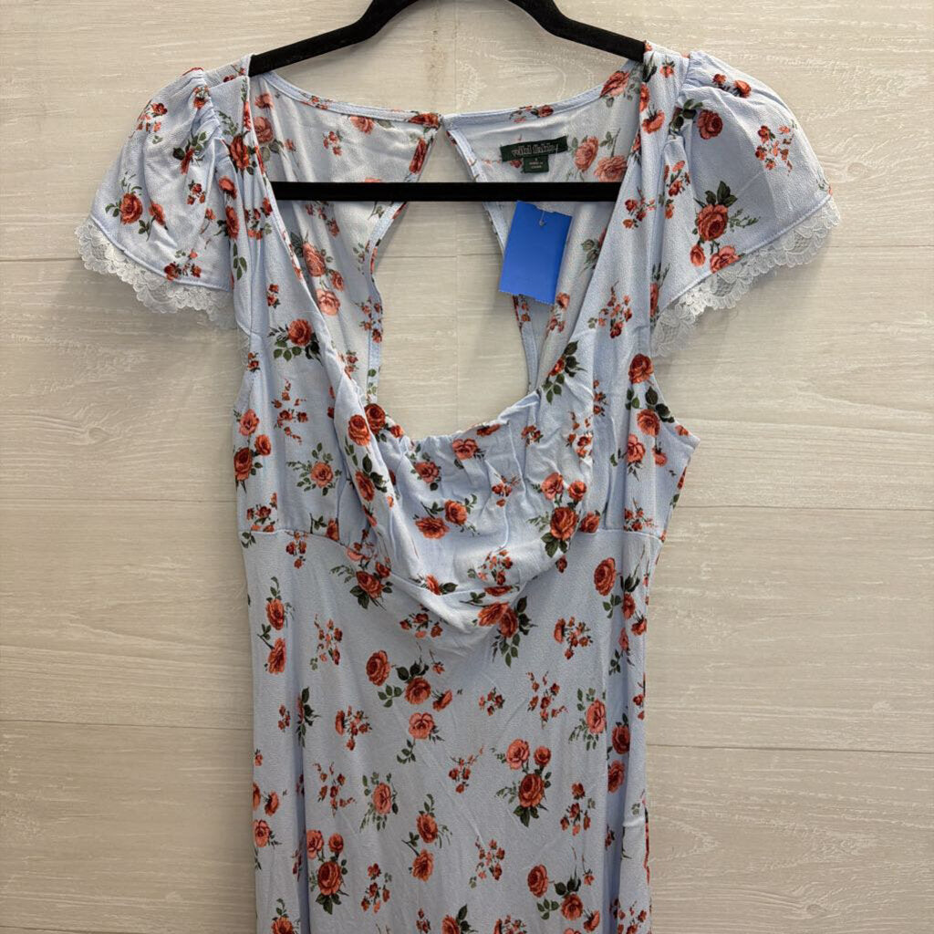 Blue/ Red Floral Print Short Sleeve Midi Dress Small