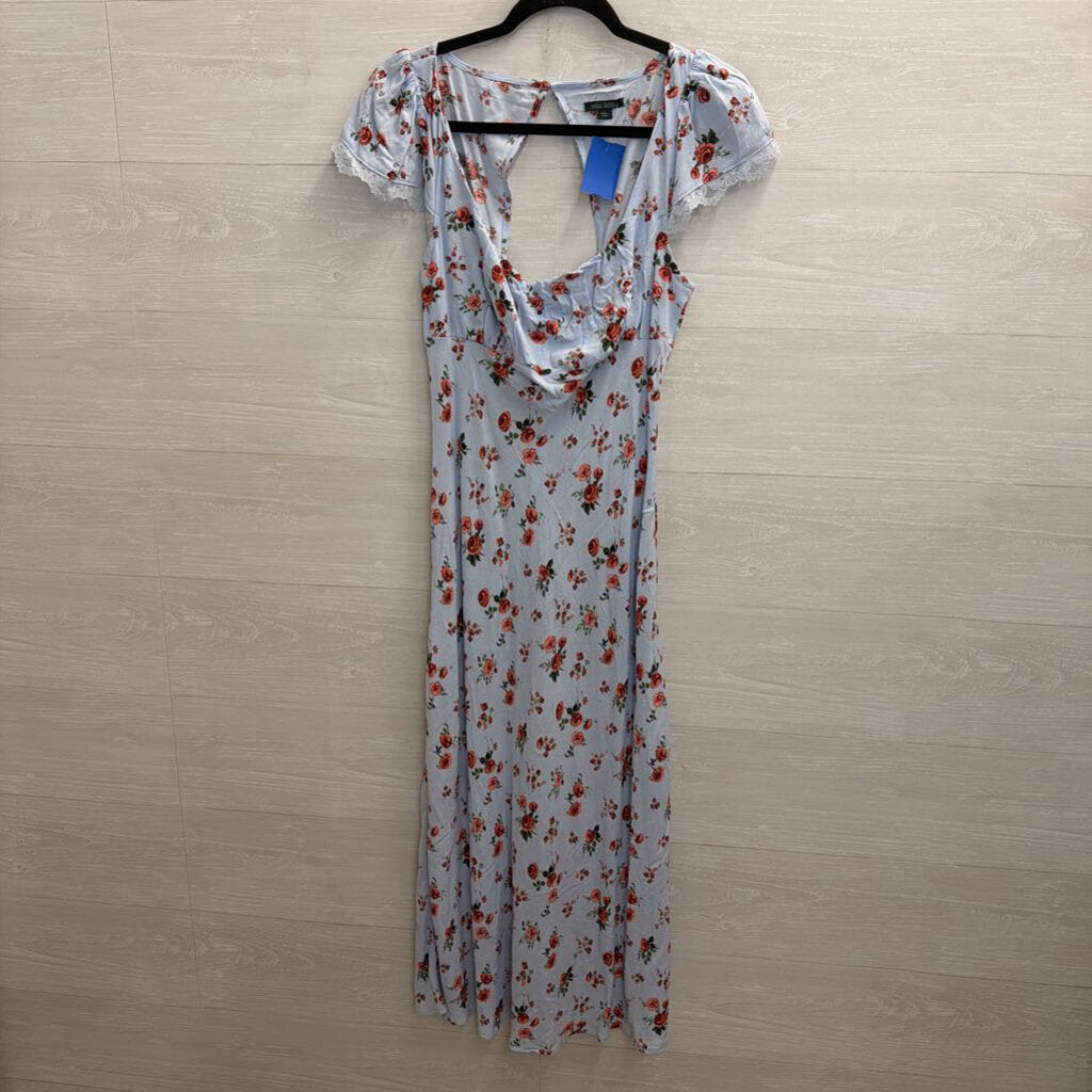 Blue/ Red Floral Print Short Sleeve Midi Dress Small