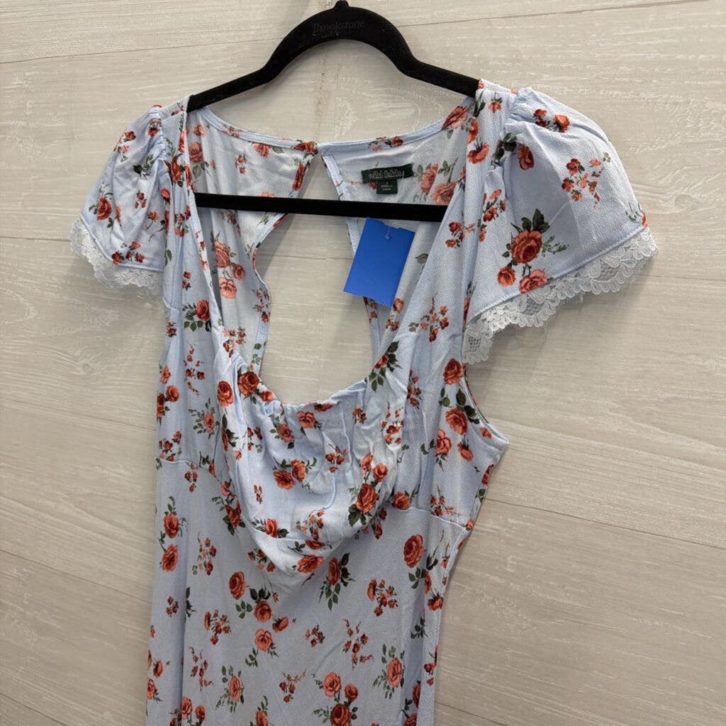 Blue/ Red Floral Print Short Sleeve Midi Dress Small