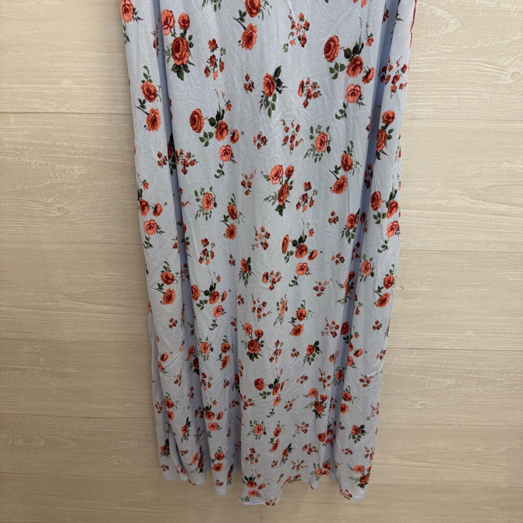 Blue/ Red Floral Print Short Sleeve Midi Dress Small