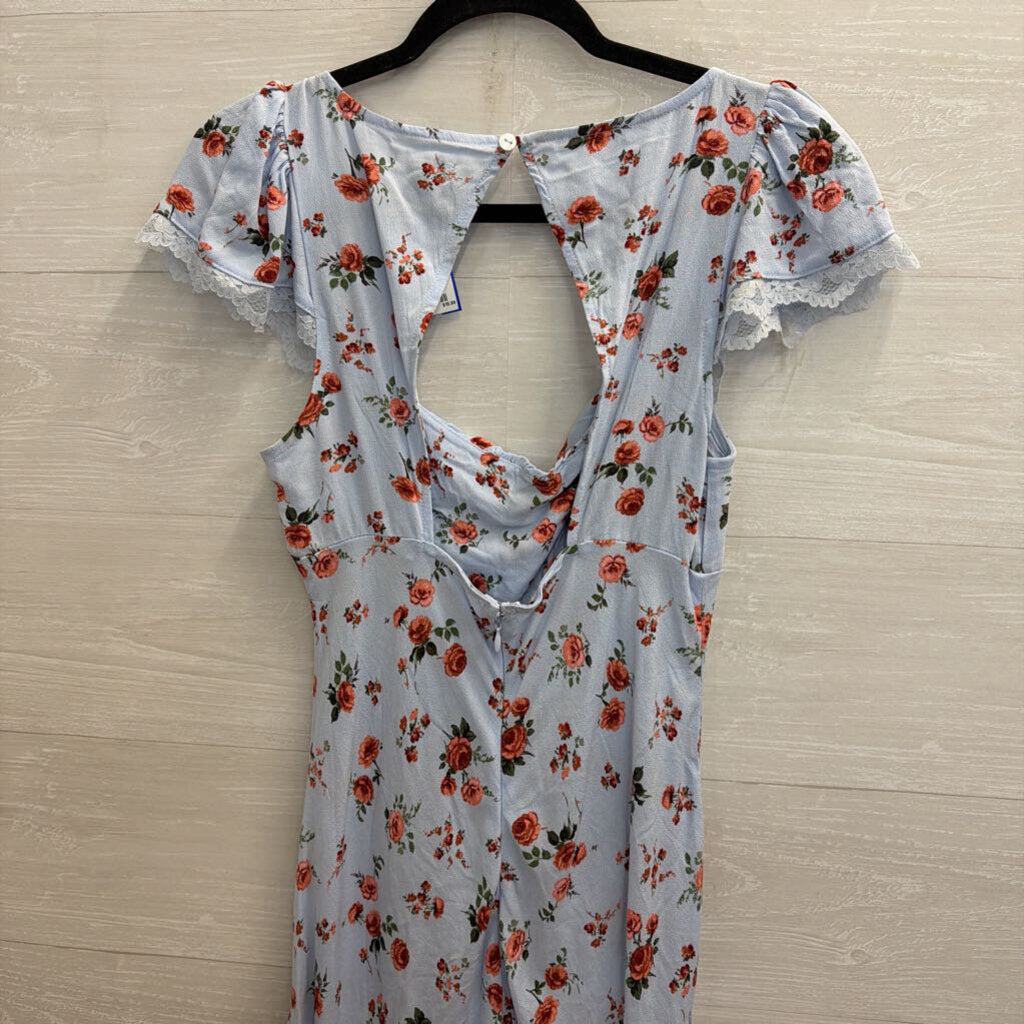 Blue/ Red Floral Print Short Sleeve Midi Dress Small