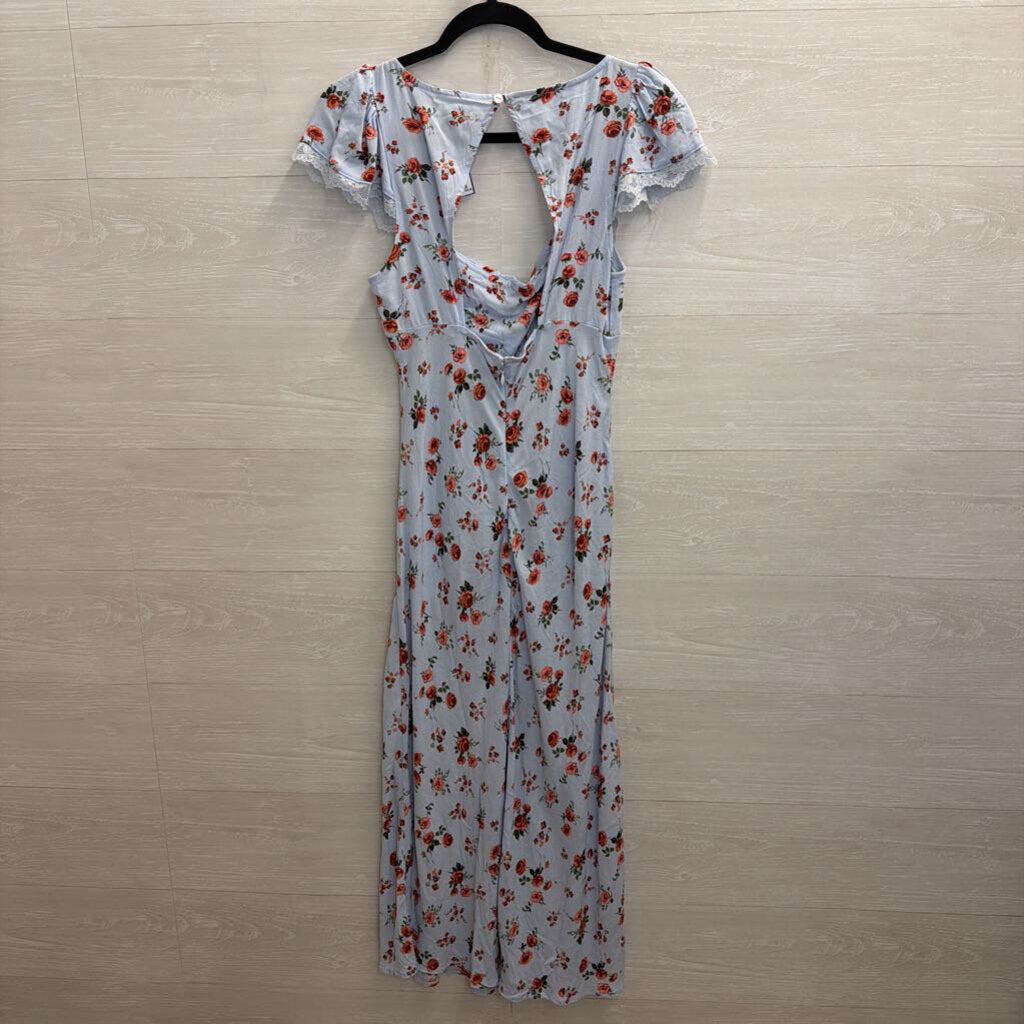 Blue/ Red Floral Print Short Sleeve Midi Dress Small