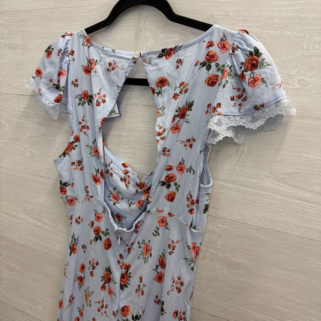 Blue/ Red Floral Print Short Sleeve Midi Dress Small