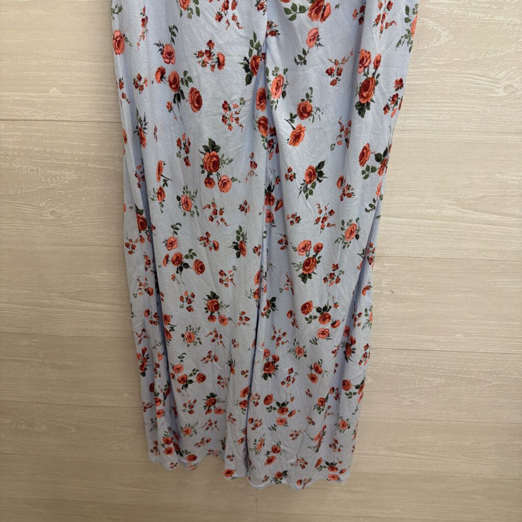 Blue/ Red Floral Print Short Sleeve Midi Dress Small