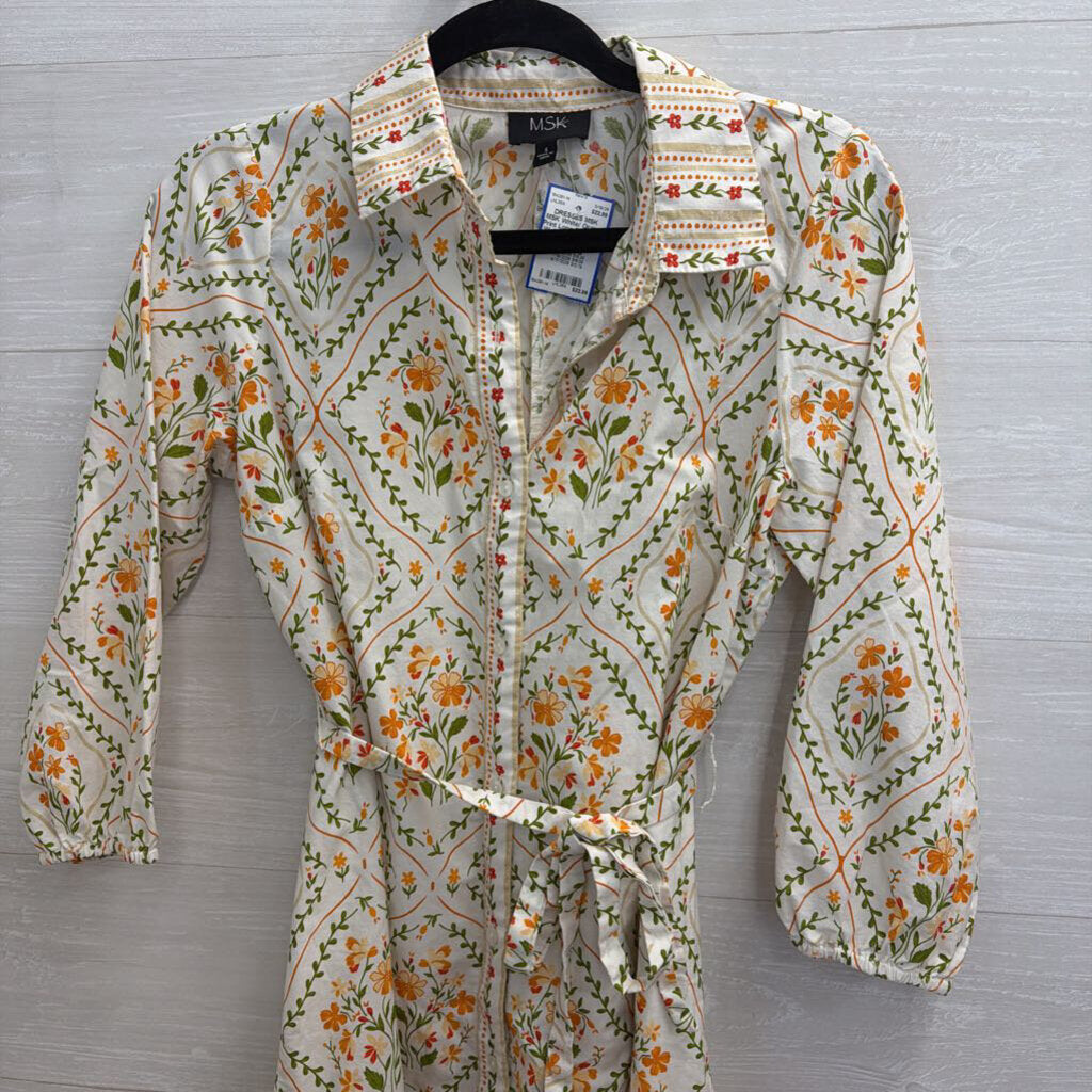 MSK White/ Orange Print Long Sleeve Tie Waist Button Down Dress Small