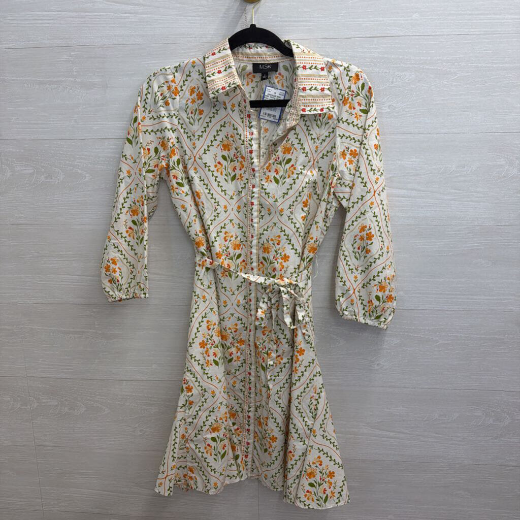 MSK White/ Orange Print Long Sleeve Tie Waist Button Down Dress Small