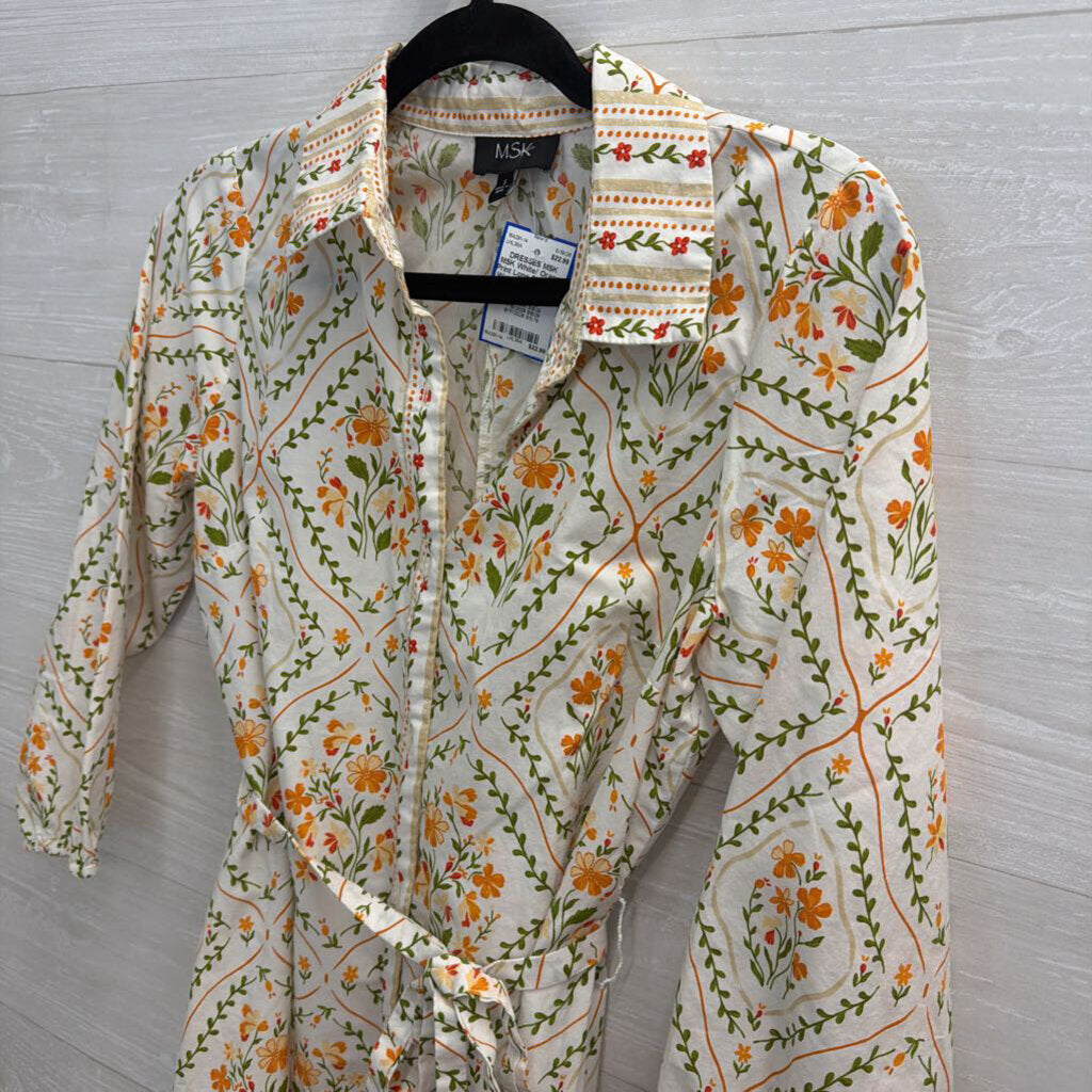 MSK White/ Orange Print Long Sleeve Tie Waist Button Down Dress Small